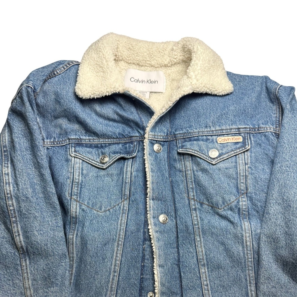 Y2K Calvin Klein Mens Sherpa Lined Denim Trucker Jacket Light Wash Blue XS